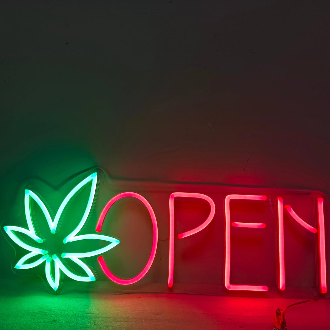 Dispensary Marijuana Leaf Open Neon Sign - GEEKNEON