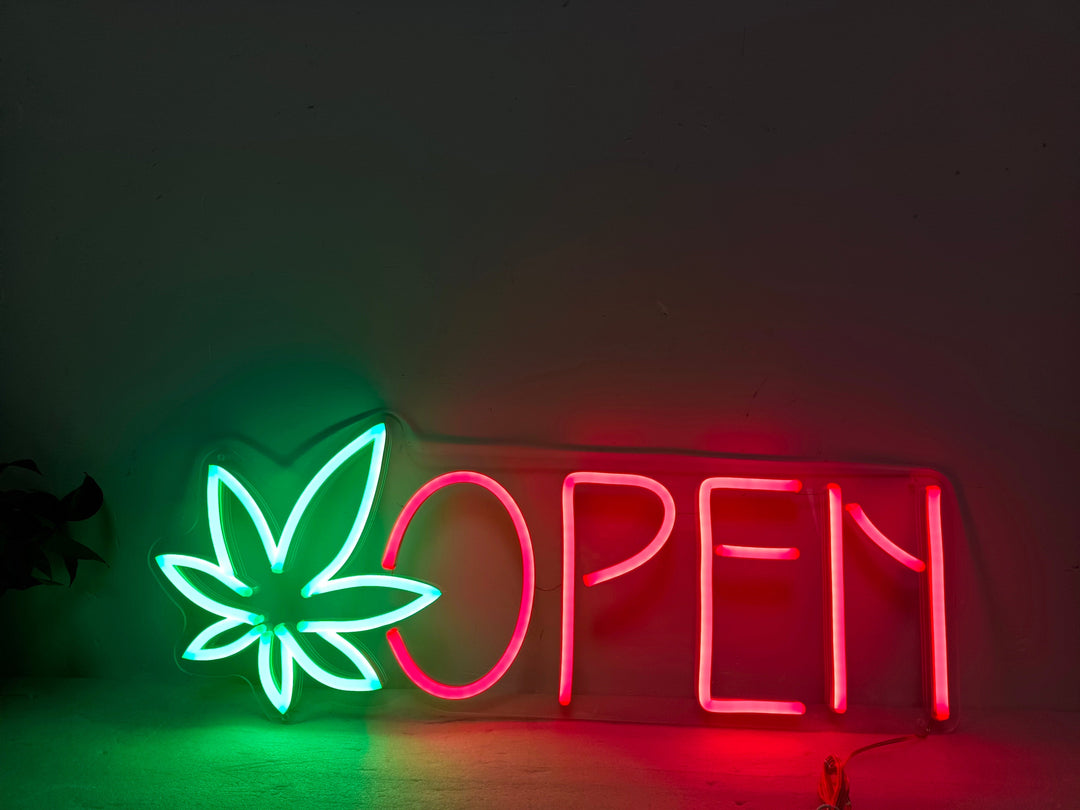 Dispensary Marijuana Leaf Open Neon Sign - GEEKNEON