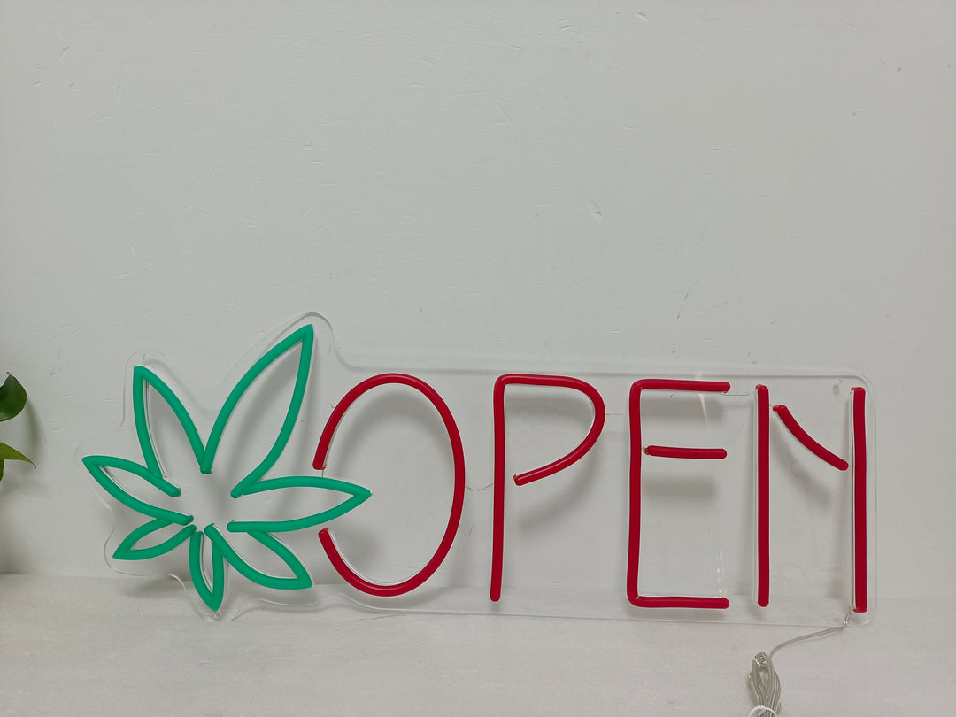 Dispensary Marijuana Leaf Open Neon Sign - GEEKNEON