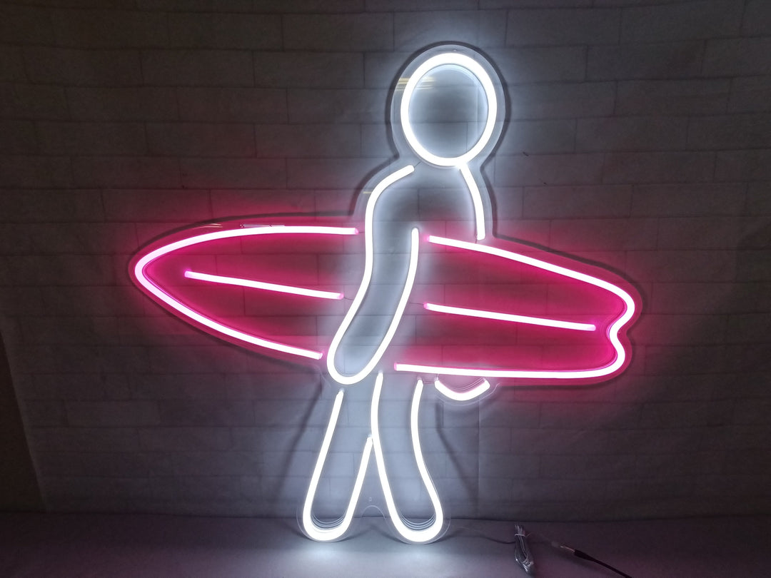 Stick Man Carrying Surfboard Neon Sign - GEEKNEON