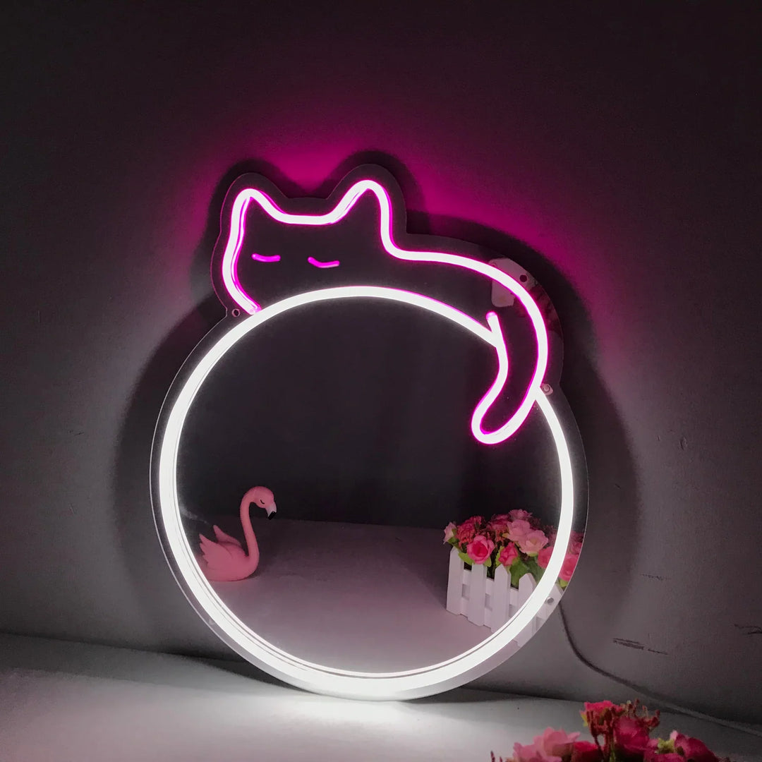 Sleepy Cat Mirror Neon Sign - GEEKNEON