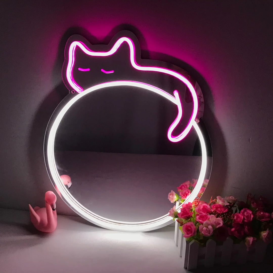 Sleepy Cat Mirror Neon Sign - GEEKNEON